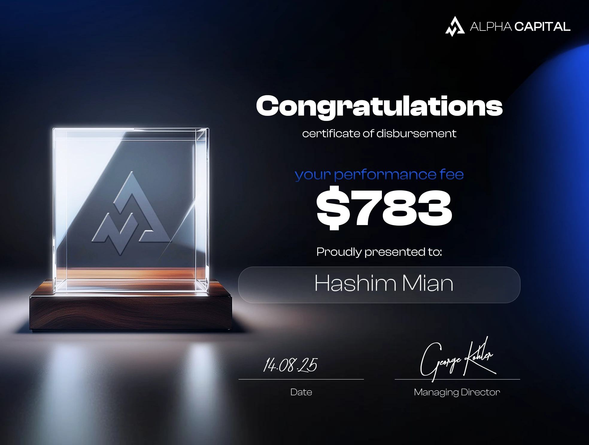 Alpha Capital payout certificate issued to Hashim for $783