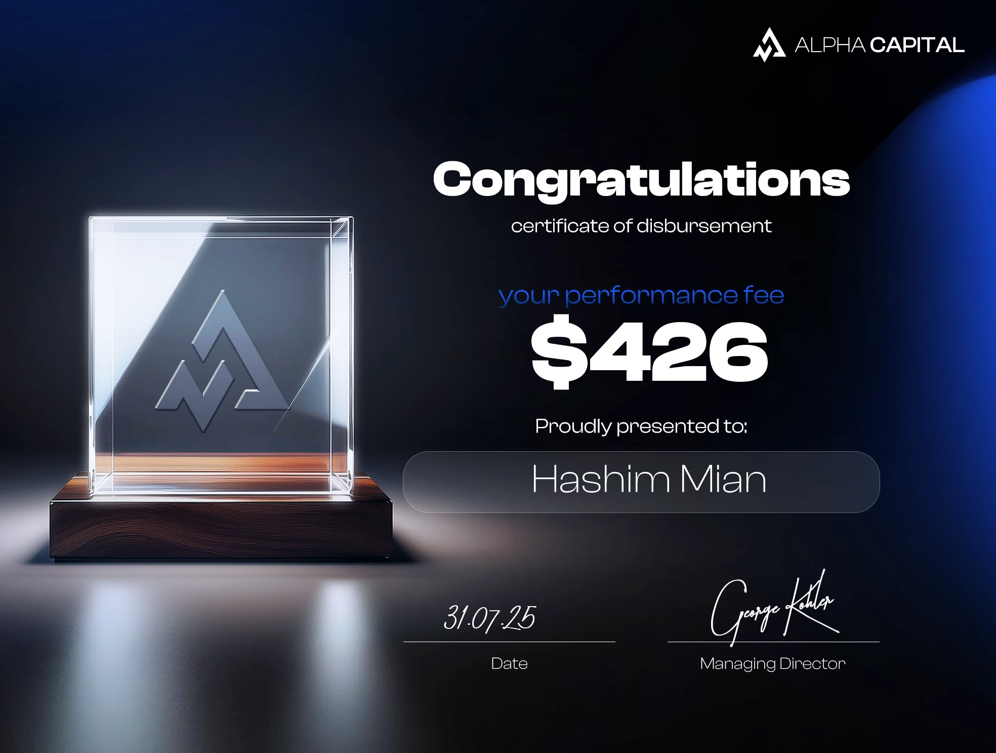Alpha Capital payout certificate issued to Hashim for $426