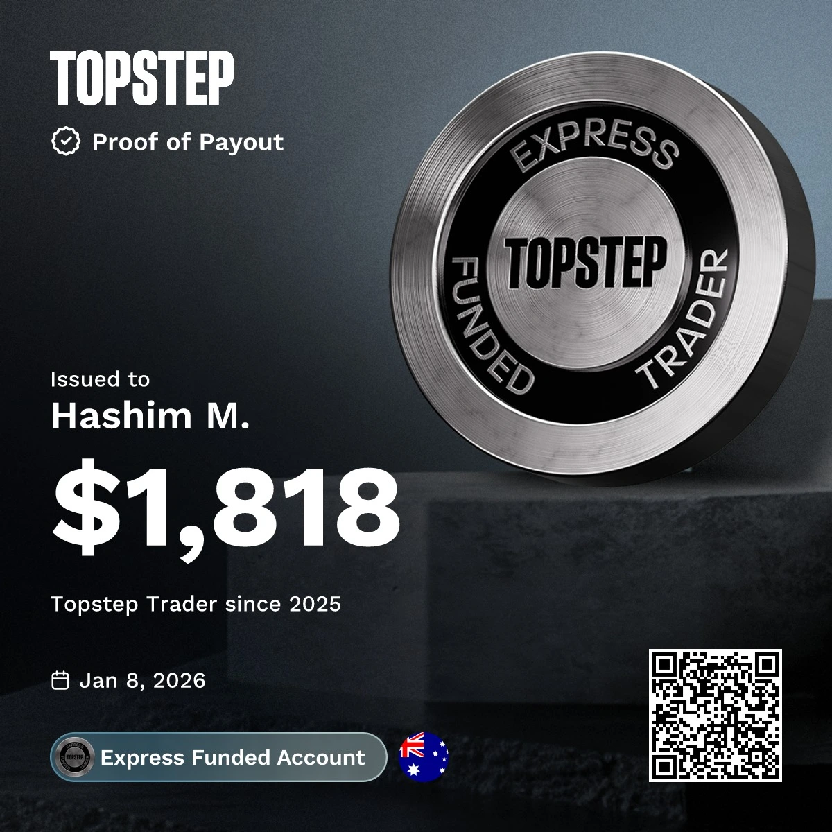 Topstep payout certificate issued to Hashim for $1,818