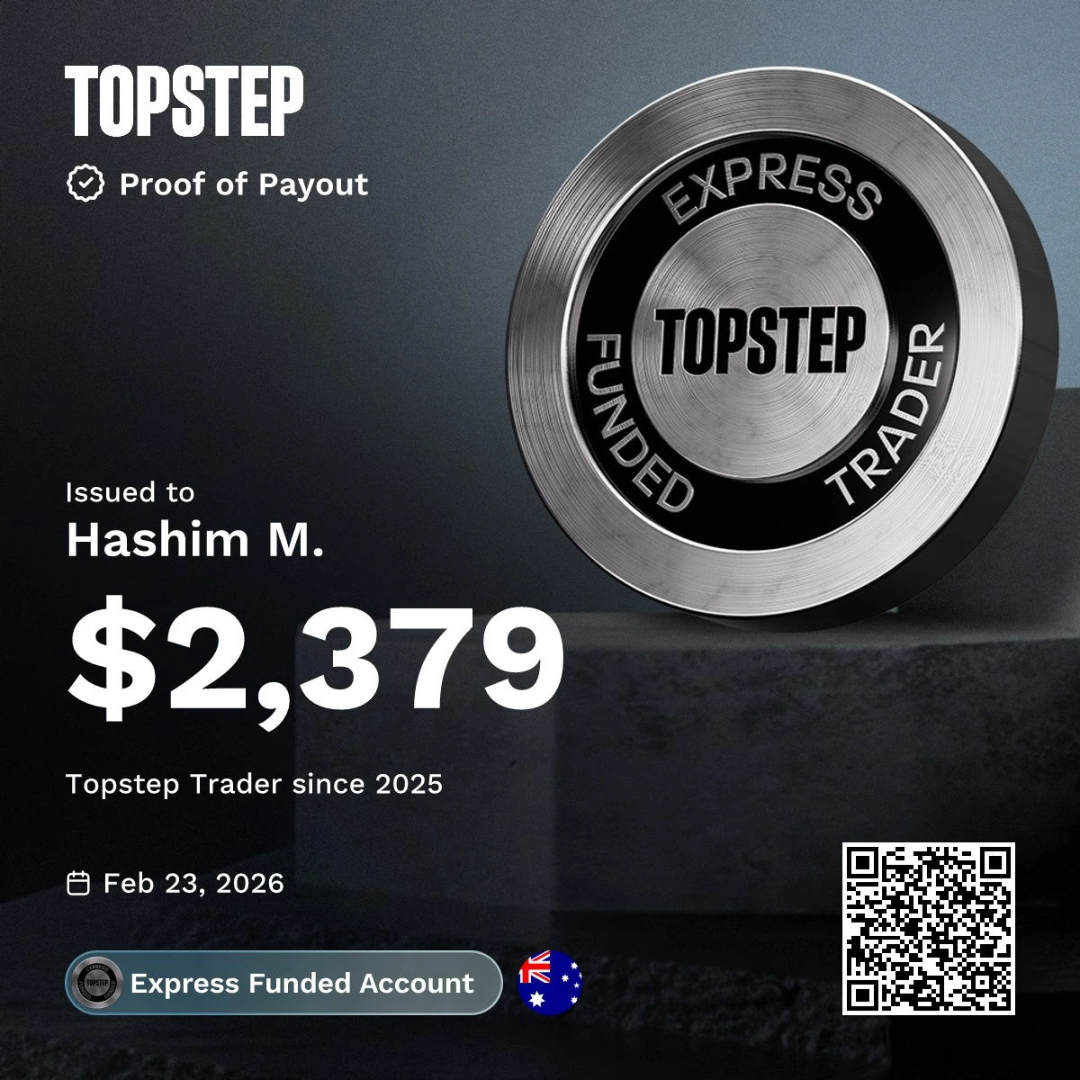 Topstep payout certificate issued to Hashim for $2,379