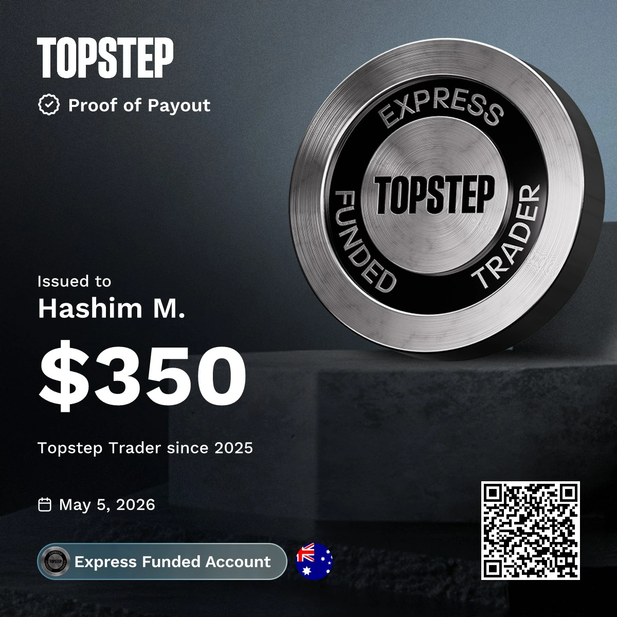 Topstep payout certificate issued to Hashim for $350