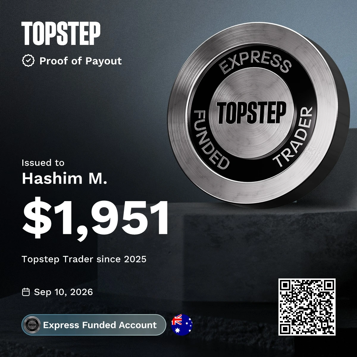 Topstep payout certificate issued to Hashim for $1,951