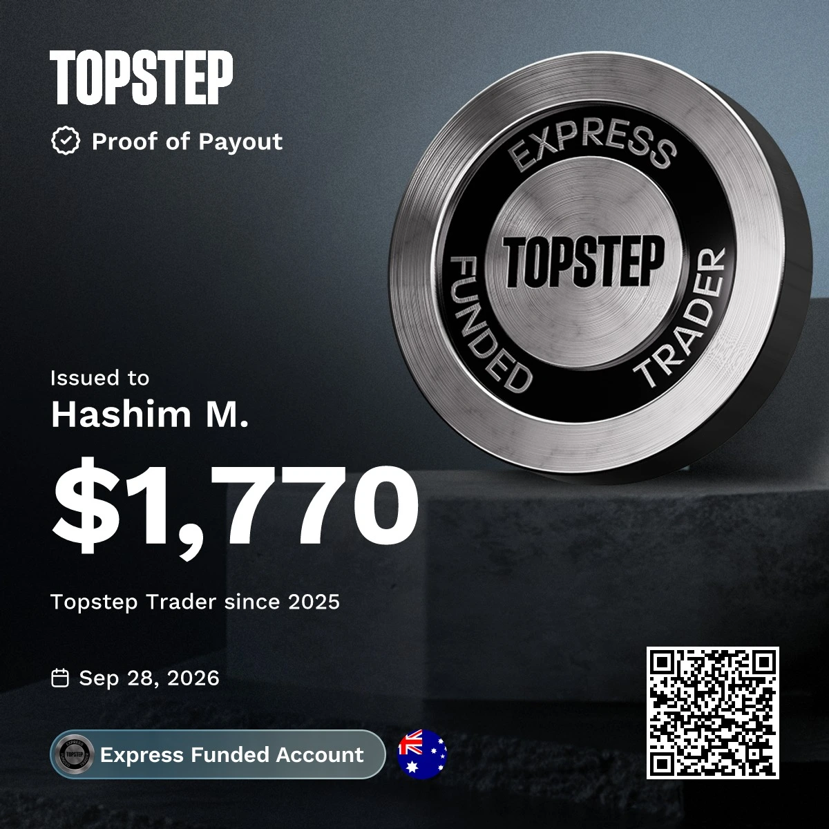 Topstep payout certificate issued to Hashim for $1,770